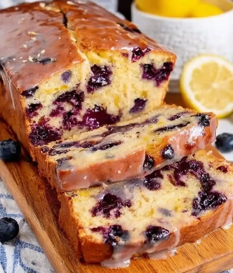 Slice of lemon blueberry ricotta pound cake on a white plate with blueberries.