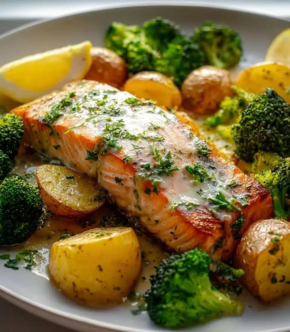 Delicious Lemon Butter Salmon garnished with fresh herbs and lemon slices.