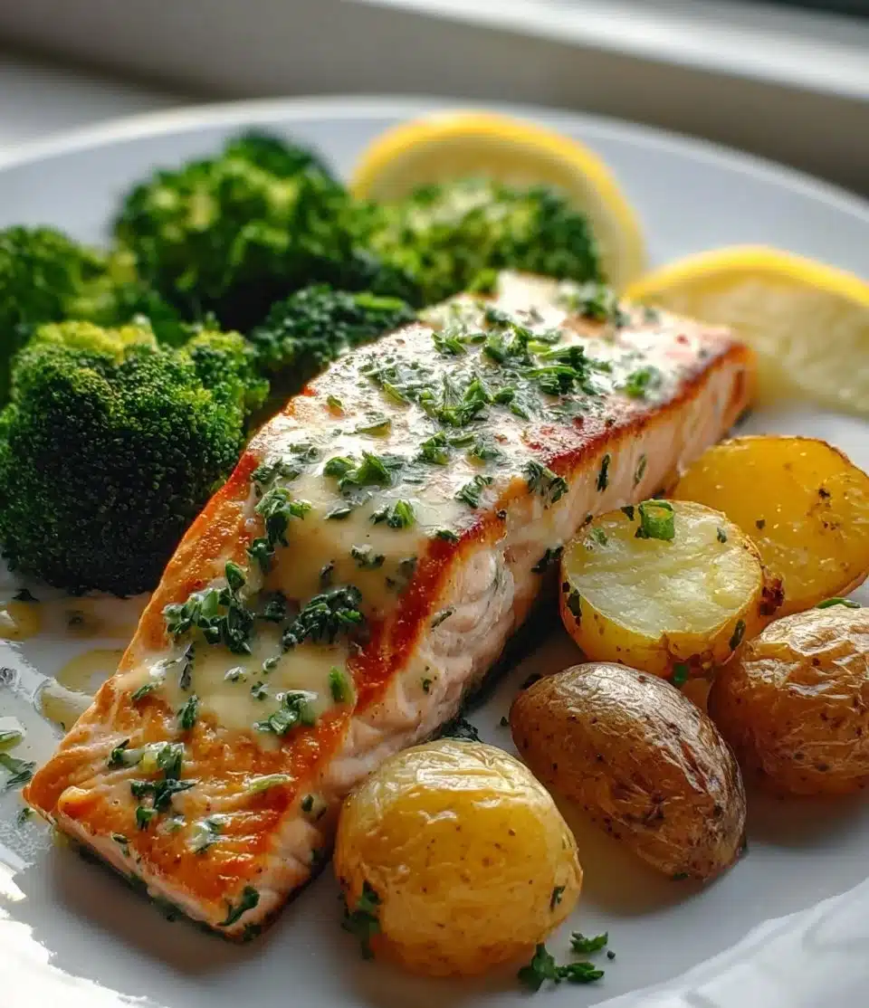 Delicious Lemon Butter Salmon with Crispy Potatoes & Broccoli