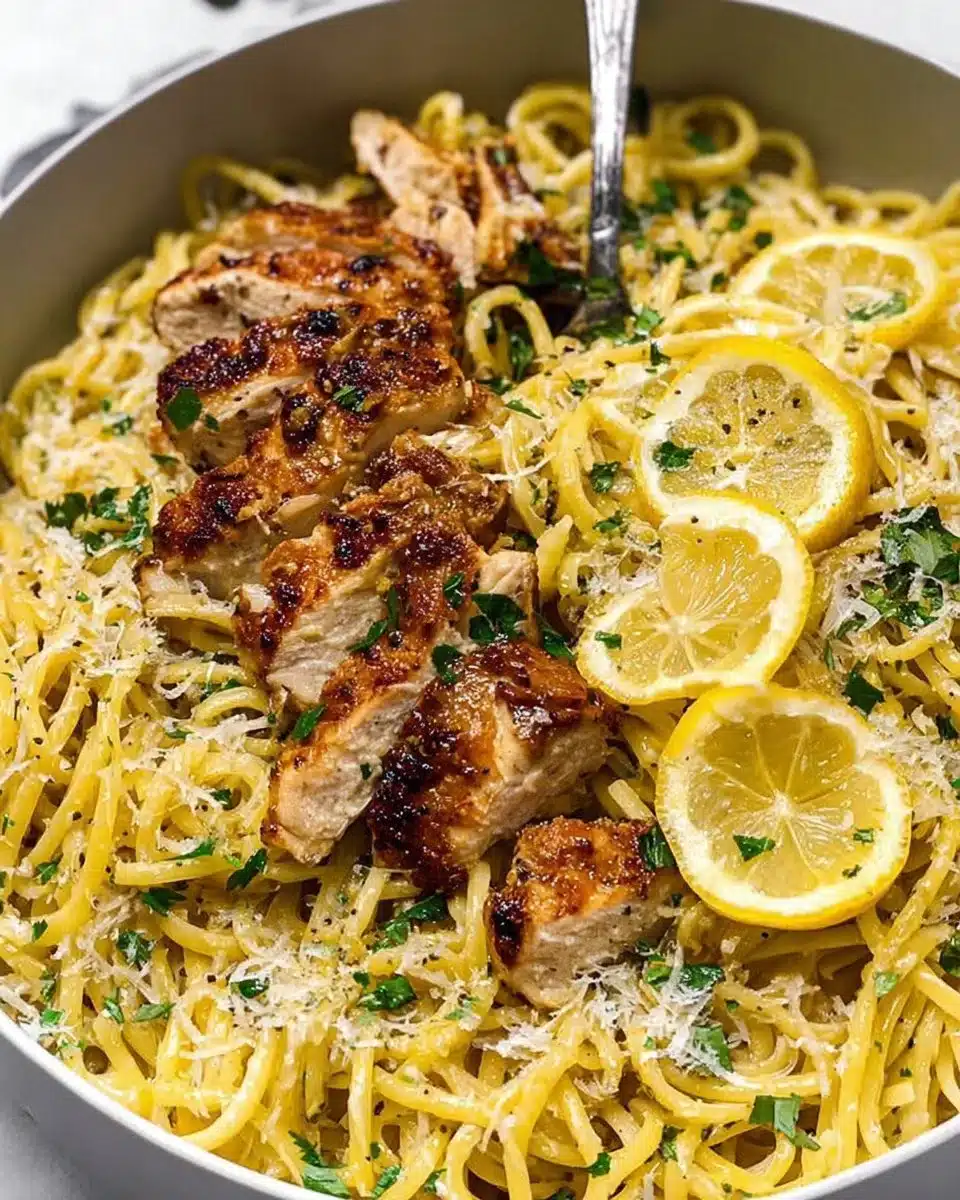 Lemon Chicken Pasta with fresh herbs and lemon slices served in a bowl