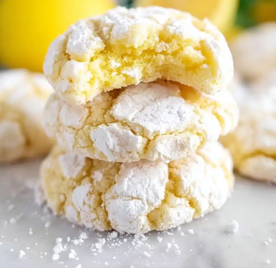 Freshly baked lemon crinkle cookies dusted with powdered sugar