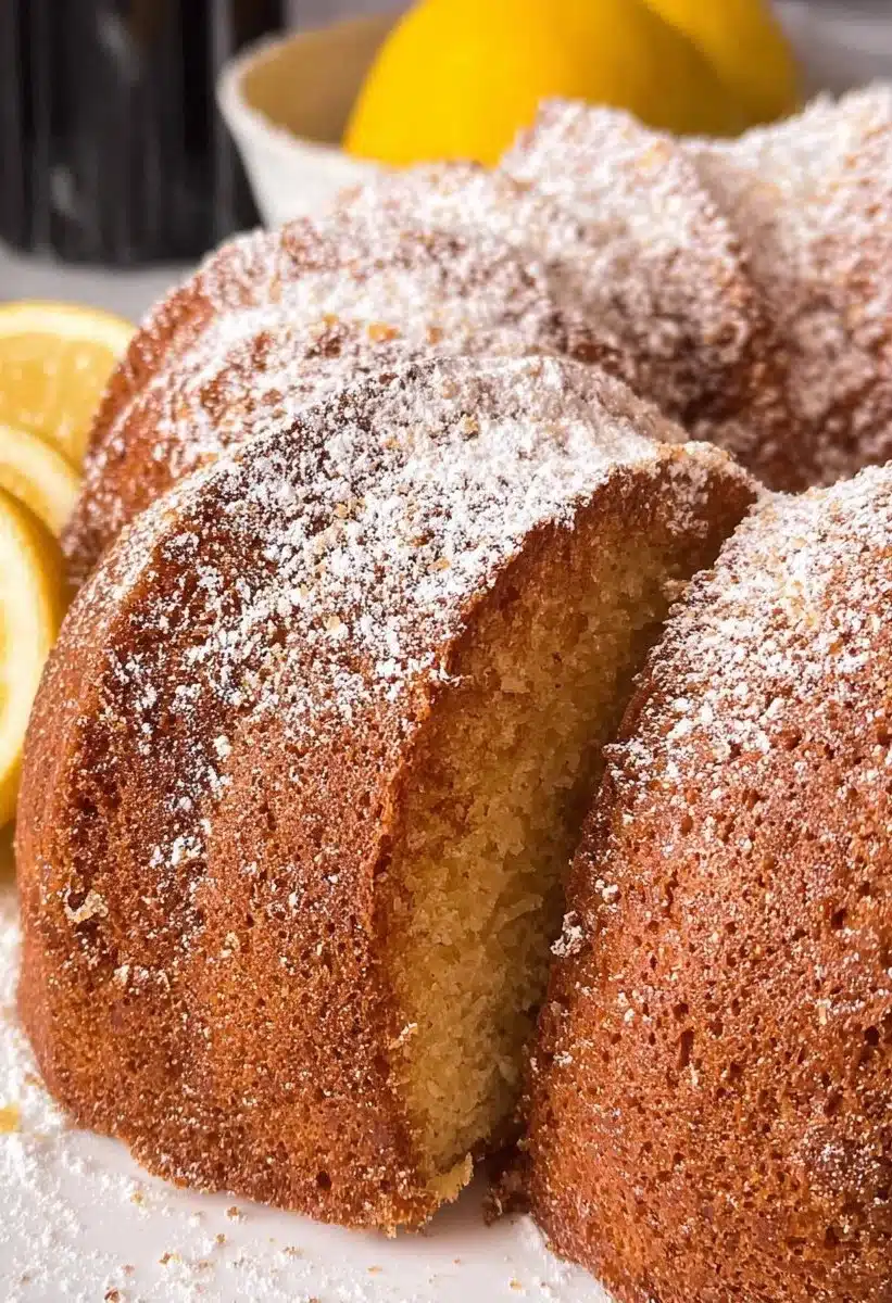 Delicious lemon olive oil cake served on a plate with lemon garnish.