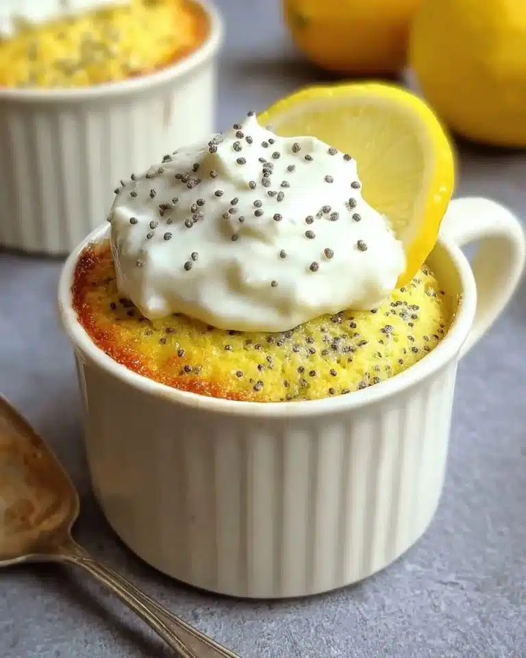 Delicious Lemon Poppy Seed Mug Cake in a white mug on a wooden table