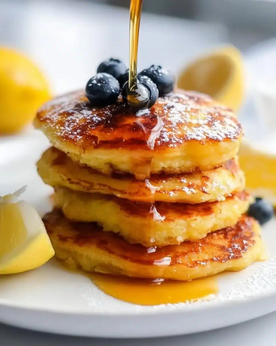 Plate of fluffy Lemon Ricotta Pancakes with lemon slices and syrup