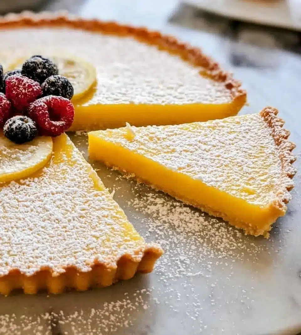 Delicious lemon tart with a golden crust and fresh lemon slices