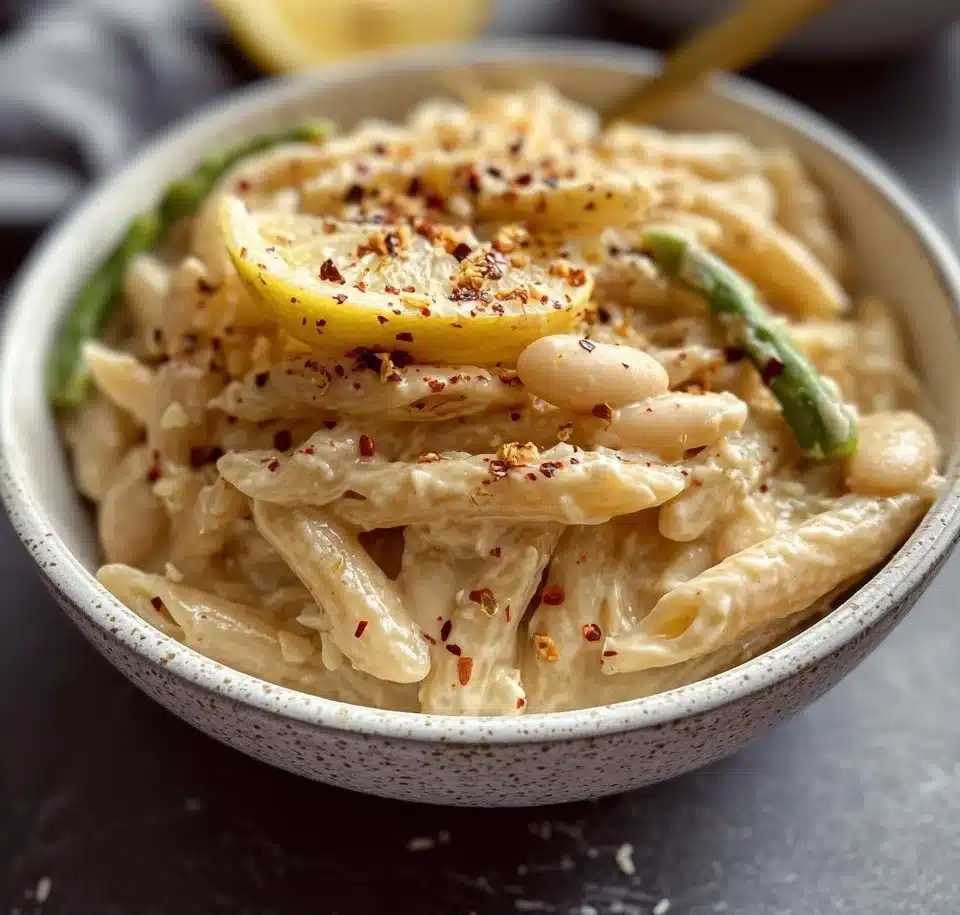 Plate of Lemon White Bean Pasta garnished with parsley and lemon zest