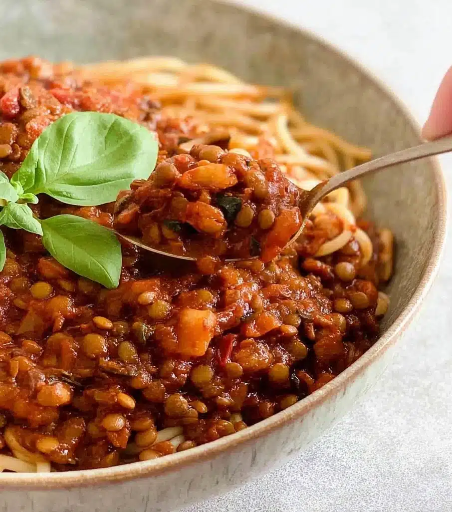 A warm bowl of lentil bolognese served with pasta and fresh herbs
