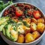 Loaded Fiesta Potato Bowls topped with fresh ingredients and spices.