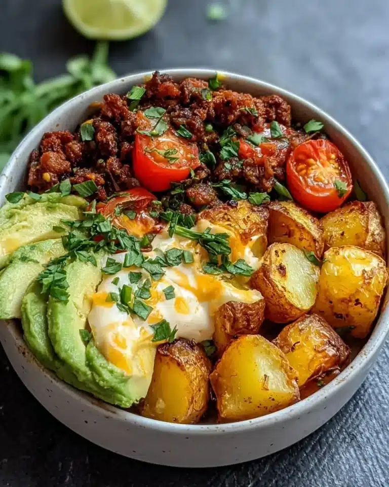 Loaded Fiesta Potato Bowls topped with fresh ingredients and spices.