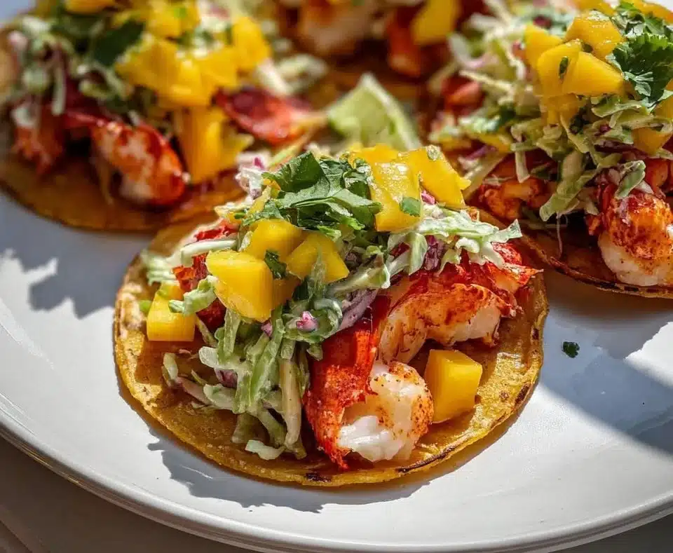 Lobster tail tacos with mango slaw on a plate