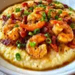 Delicious Louisiana shrimp and grits served in a bowl with herbs
