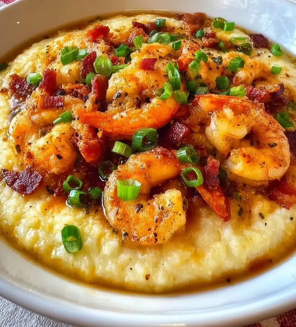 Delicious Louisiana shrimp and grits served in a bowl with herbs