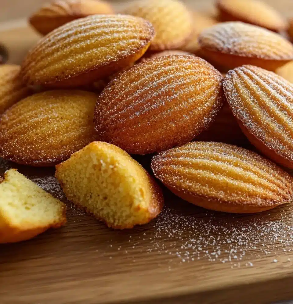 Freshly baked Madeleine cookies on a decorative plate