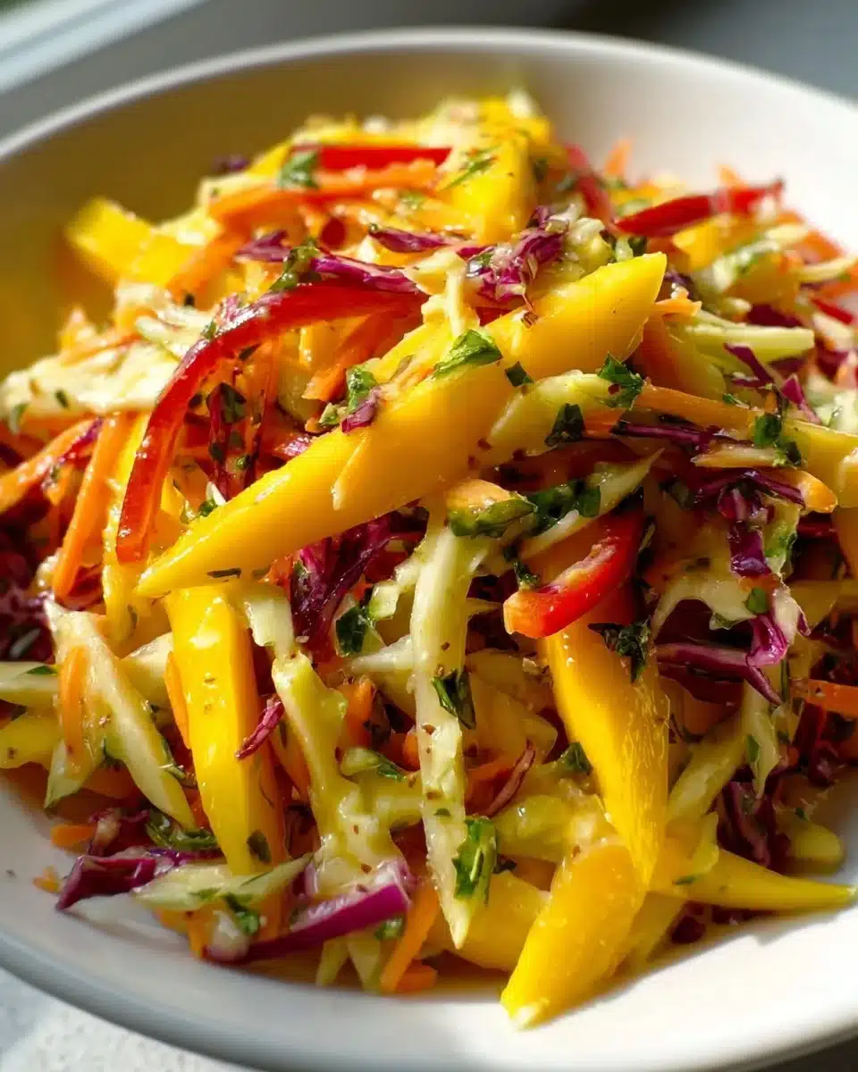 Colorful mango slaw in a bowl garnished with cilantro