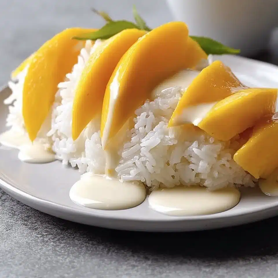 Delicious Mango Sticky Rice topped with ripe mango slices and coconut sauce