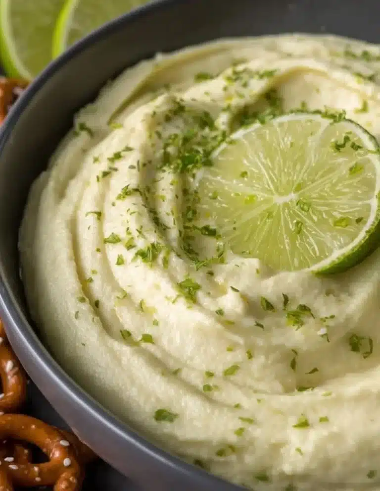 Creamy Margarita Dip served with tortilla chips on a wooden platter.