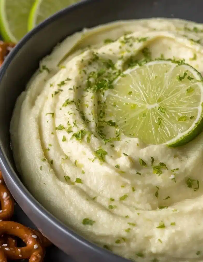 Creamy Margarita Dip served with tortilla chips on a wooden platter.
