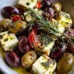 A bowl of marinated olives and feta cheese garnished with herbs
