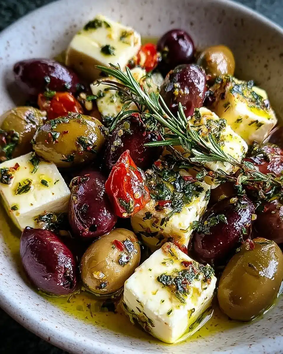 A bowl of marinated olives and feta cheese garnished with herbs