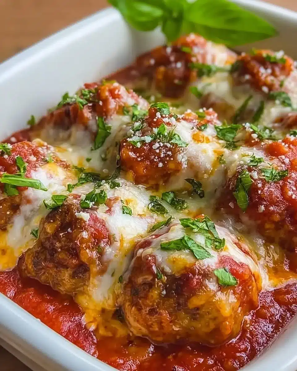 Delicious meatballs with cheese and marinara sauce served in a bowl.