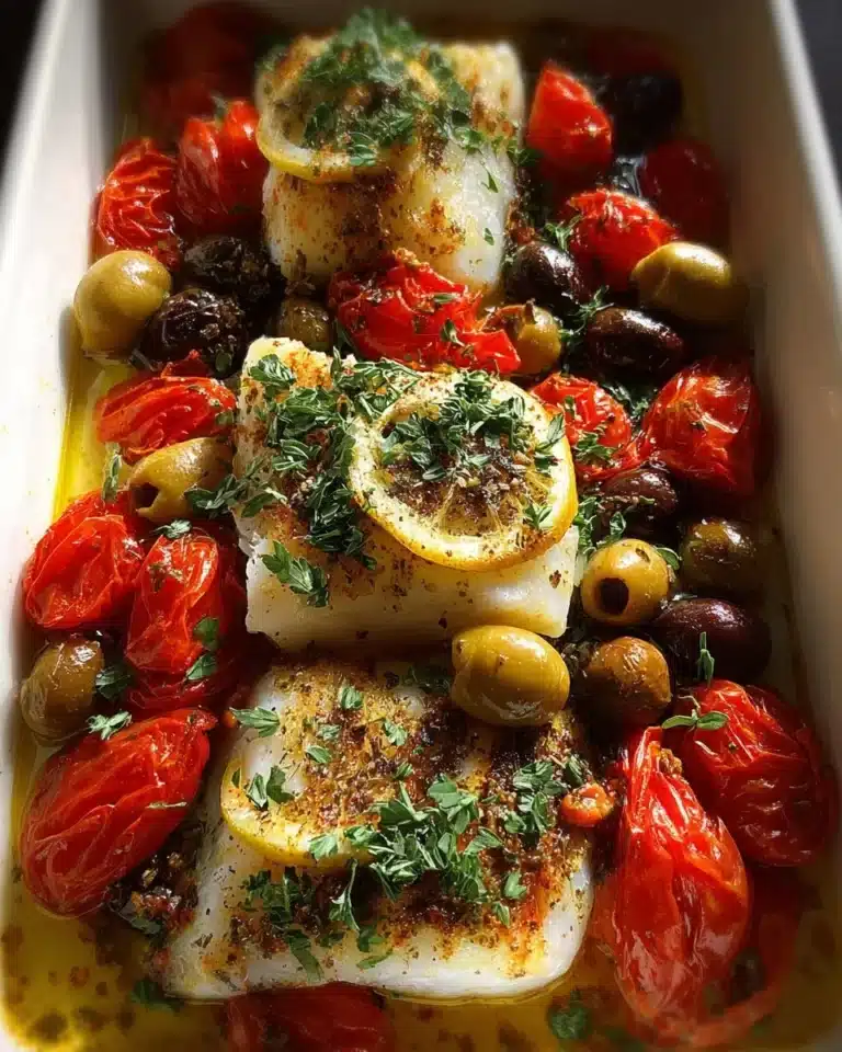 Plate of Mediterranean baked cod with herbs and vegetables