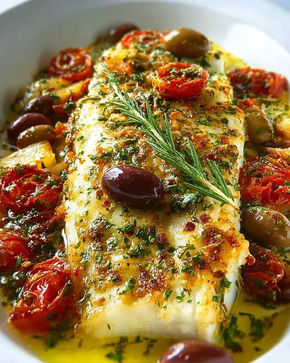 Delicious Mediterranean baked fish dish garnished with herbs and lemon