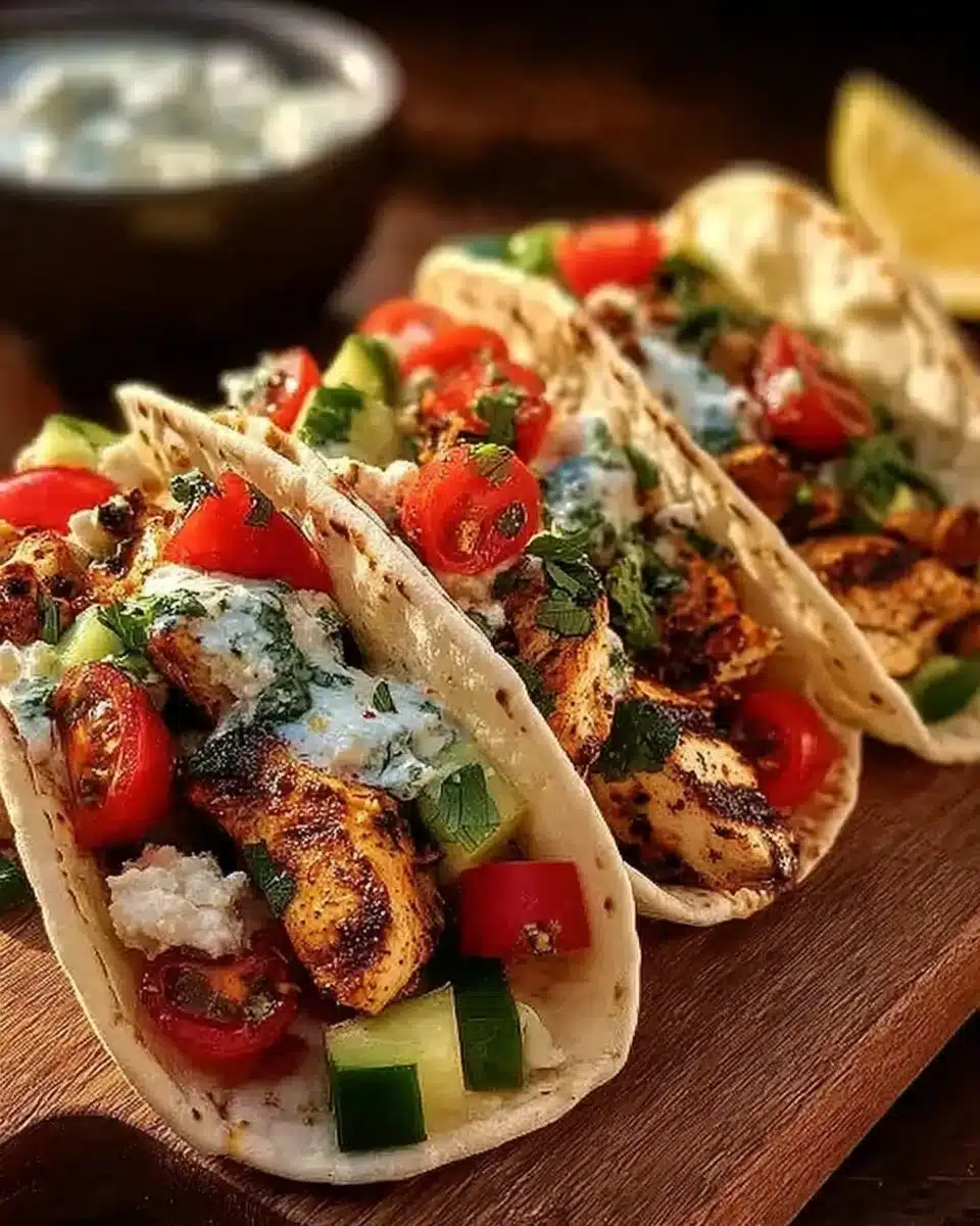 Delicious Mediterranean Chicken Tacos garnished with fresh herbs and veggies