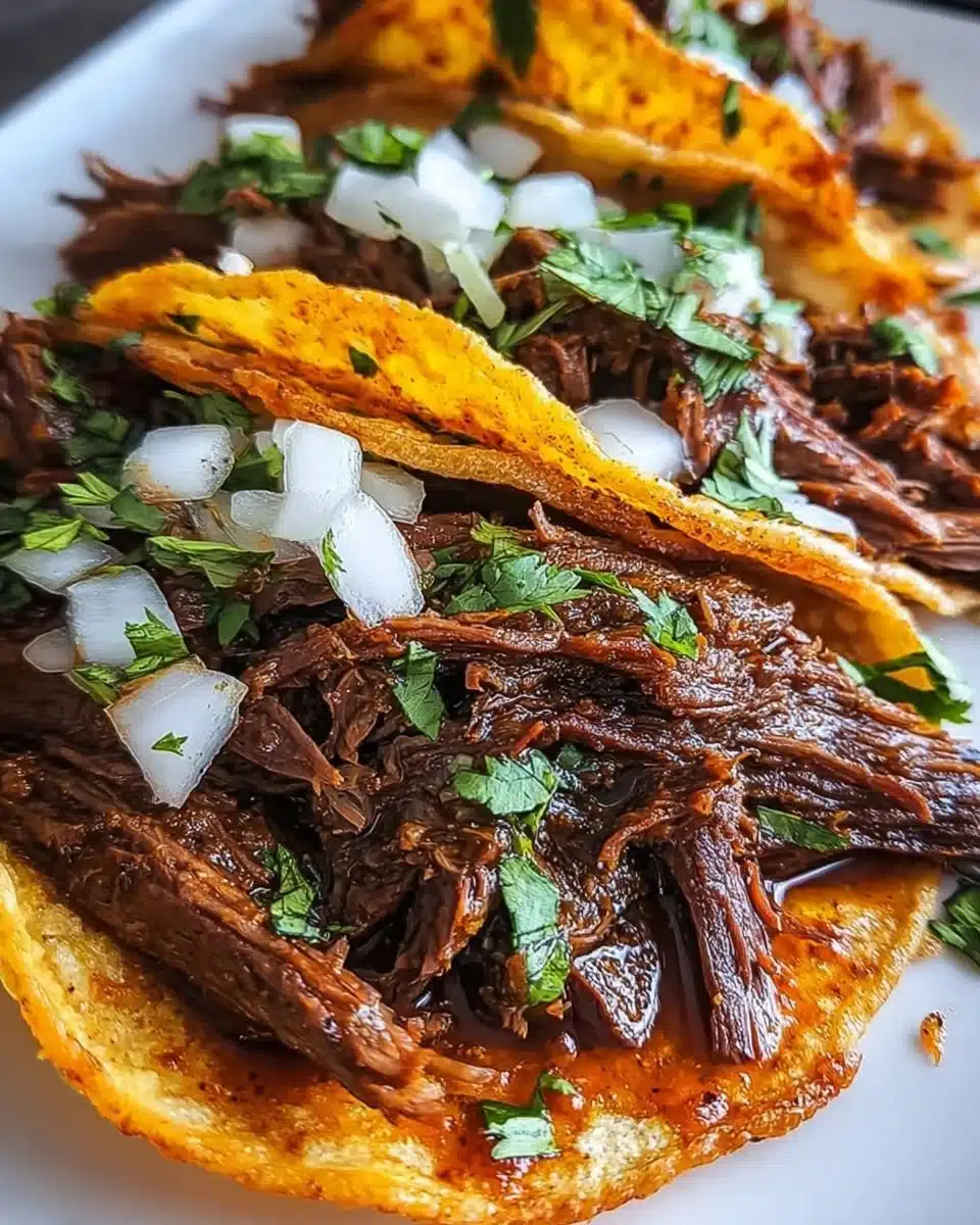 Delicious Mexican Birria Tacos served with consomé and fresh toppings.