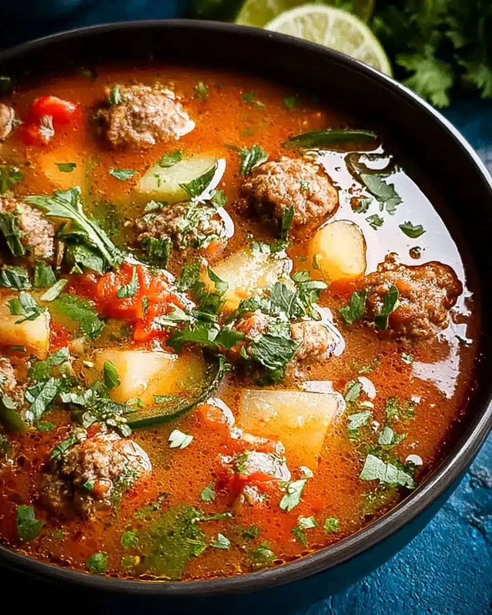 Bowl of flavorful Mexican Meatball Soup garnished with fresh cilantro.