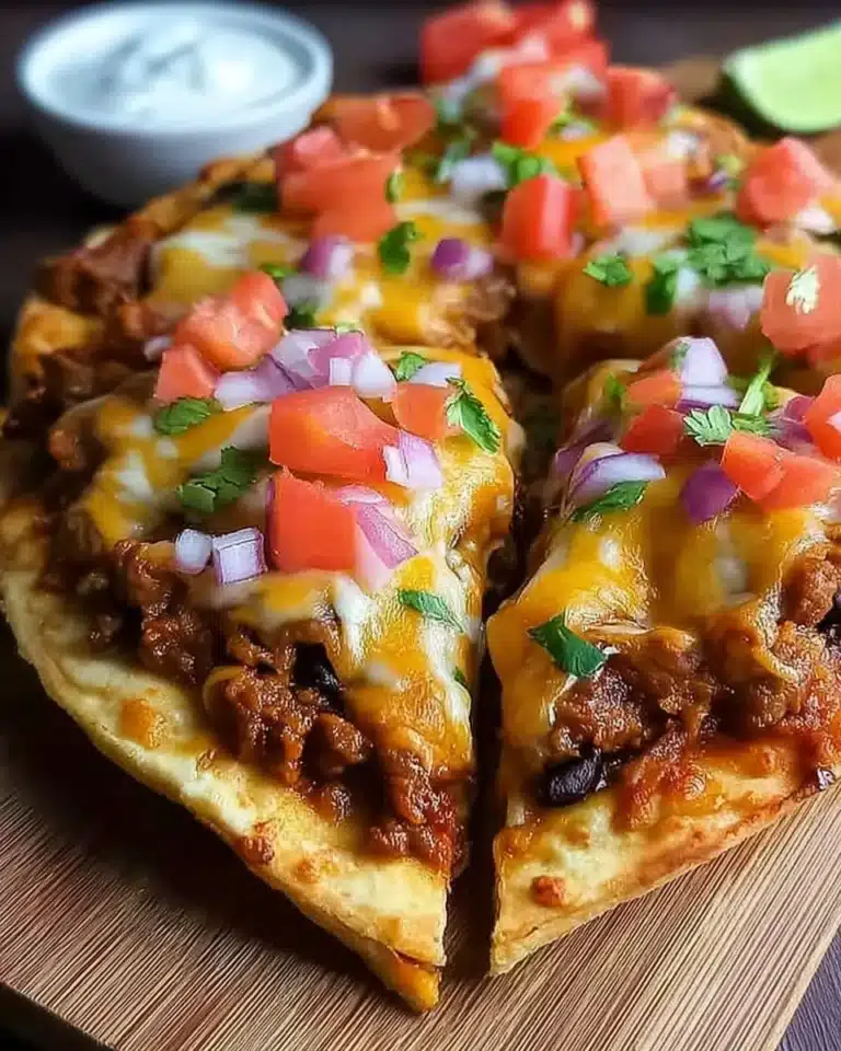 Delicious homemade Mexican pizza topped with fresh ingredients and spices.