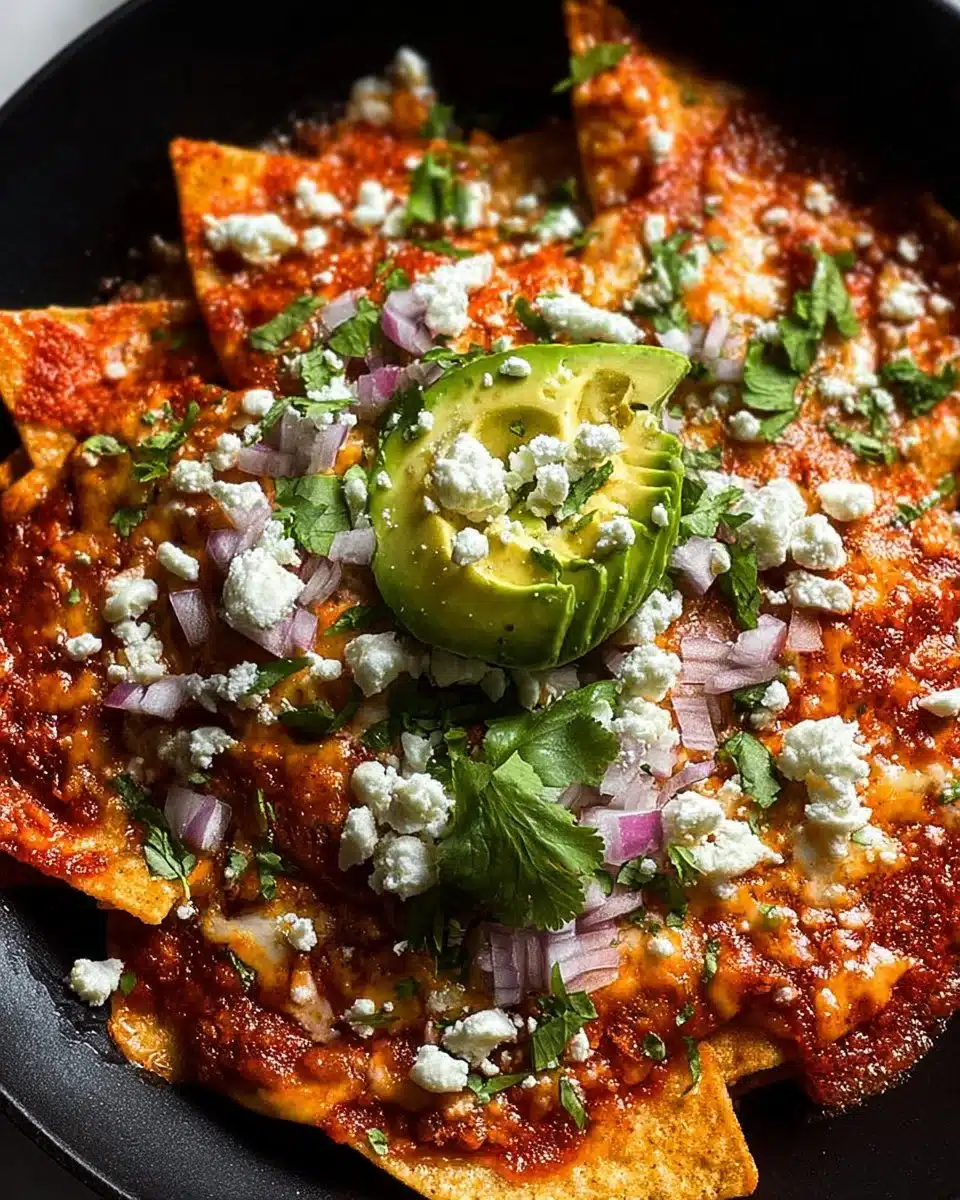 Delicious Mexican Red Chilaquiles garnished with avocado and cilantro