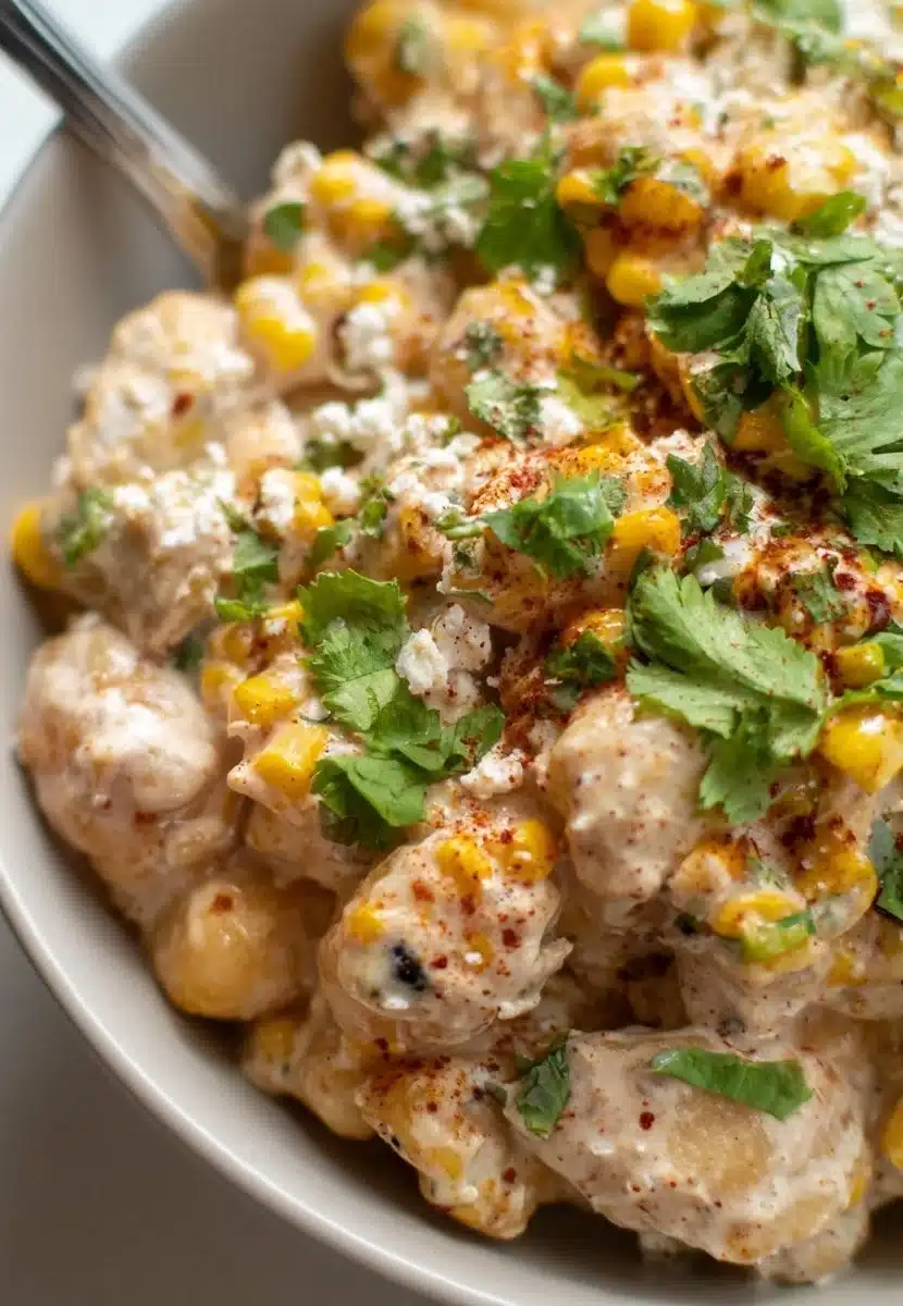 Delicious Mexican Street Corn Gnocchi served with toppings and herbs