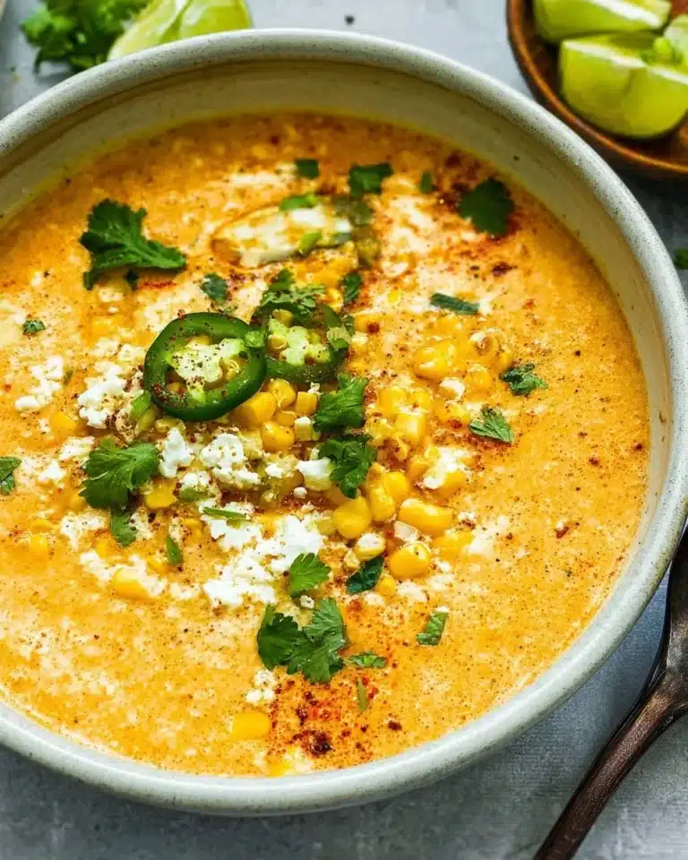 Bowl of delicious Mexican street corn soup topped with cilantro and cheese