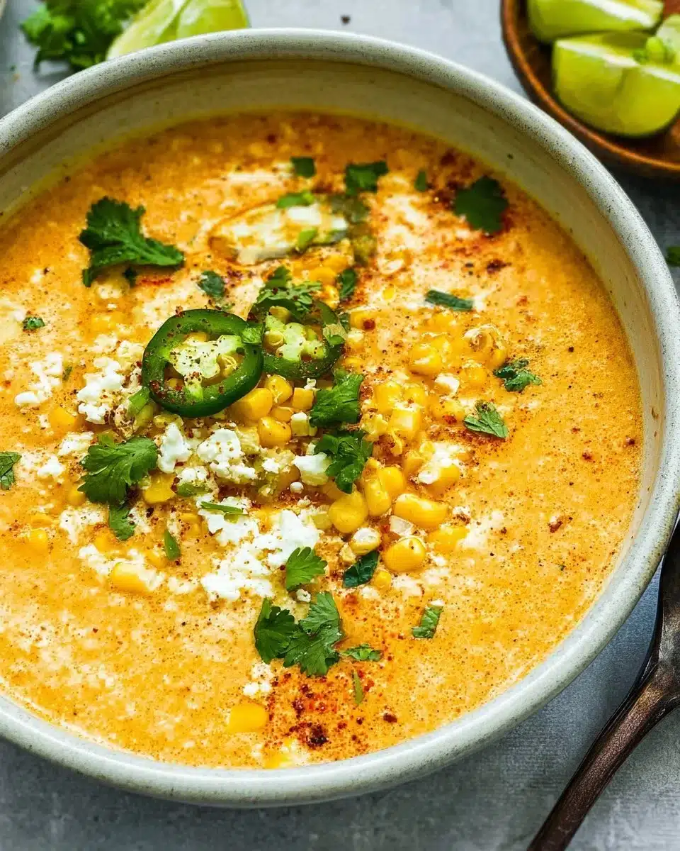 Bowl of delicious Mexican street corn soup topped with cilantro and cheese