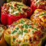 Delicious Mexican stuffed peppers filled with rice, beans, and spices on a plate