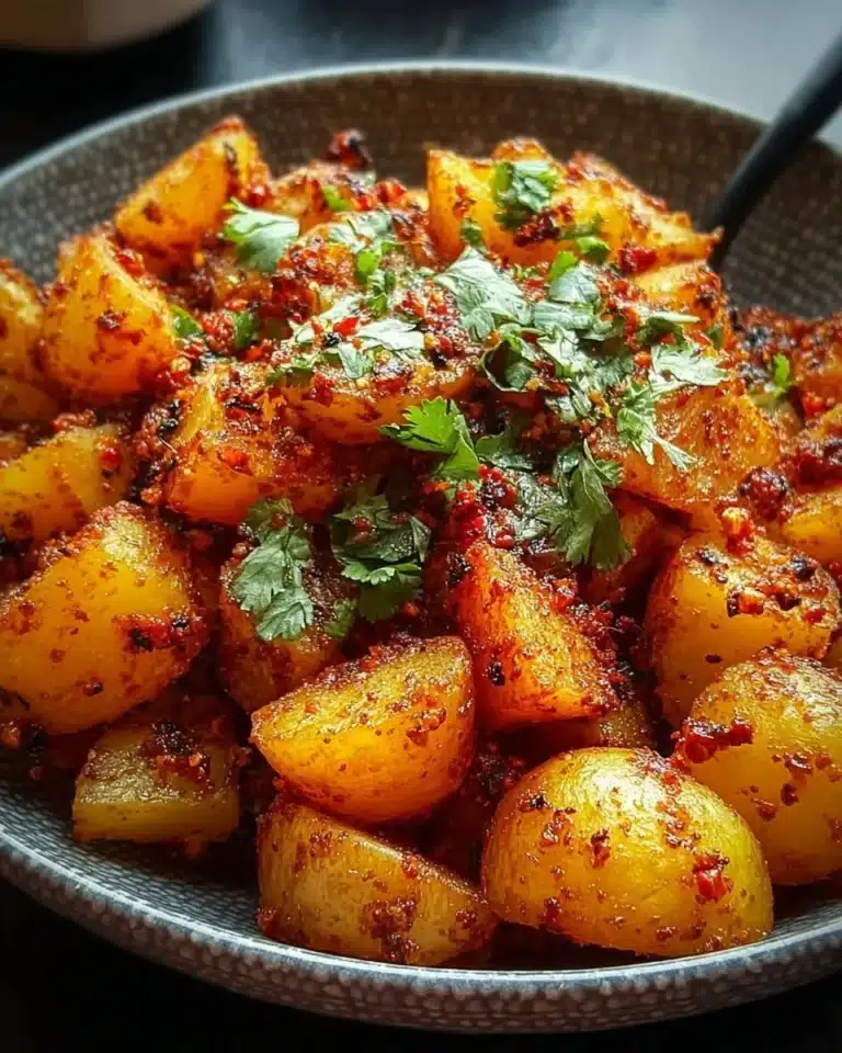 Plate of Mexican-style street potatoes garnished with spices and herbs