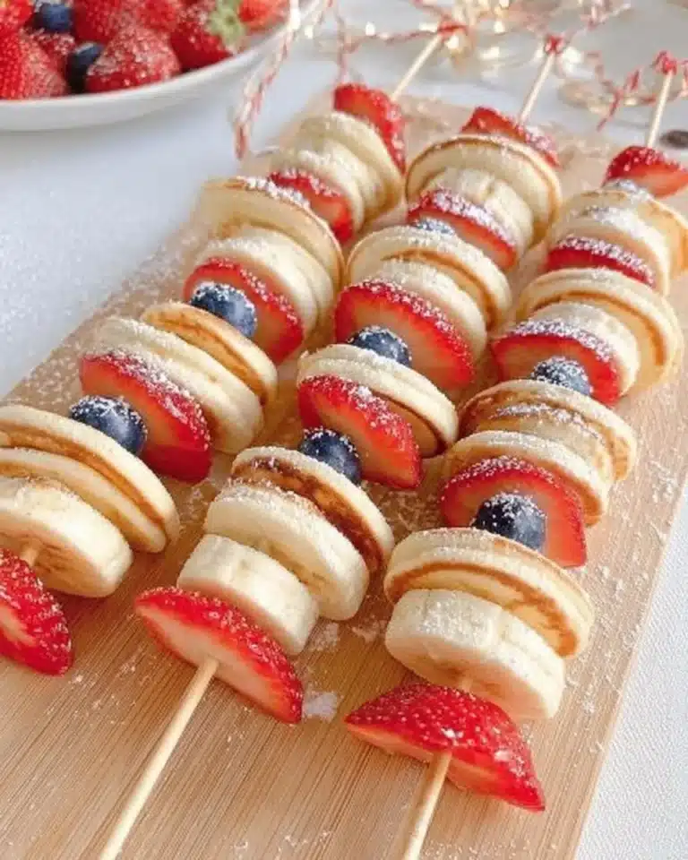 Delicious mini pancake skewers served with fresh fruit and syrup.