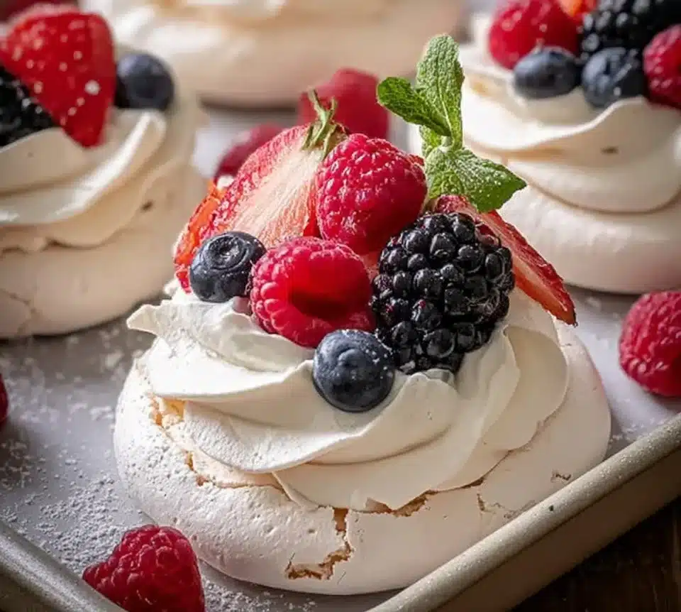 Mini pavlovas topped with fresh berries on a serving platter