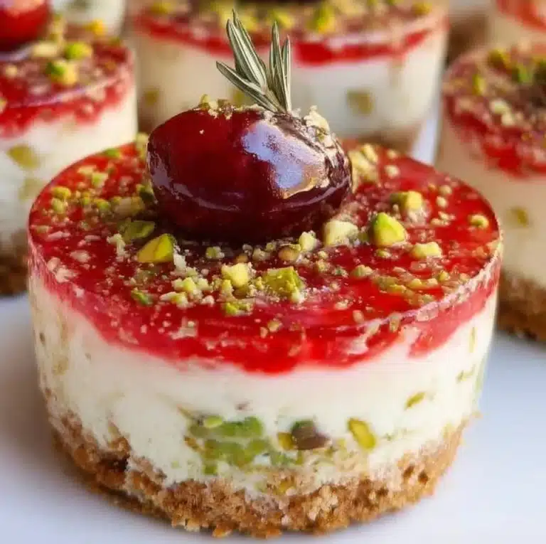Mini pistachio cranberry cheesecakes topped with cranberries and pistachios