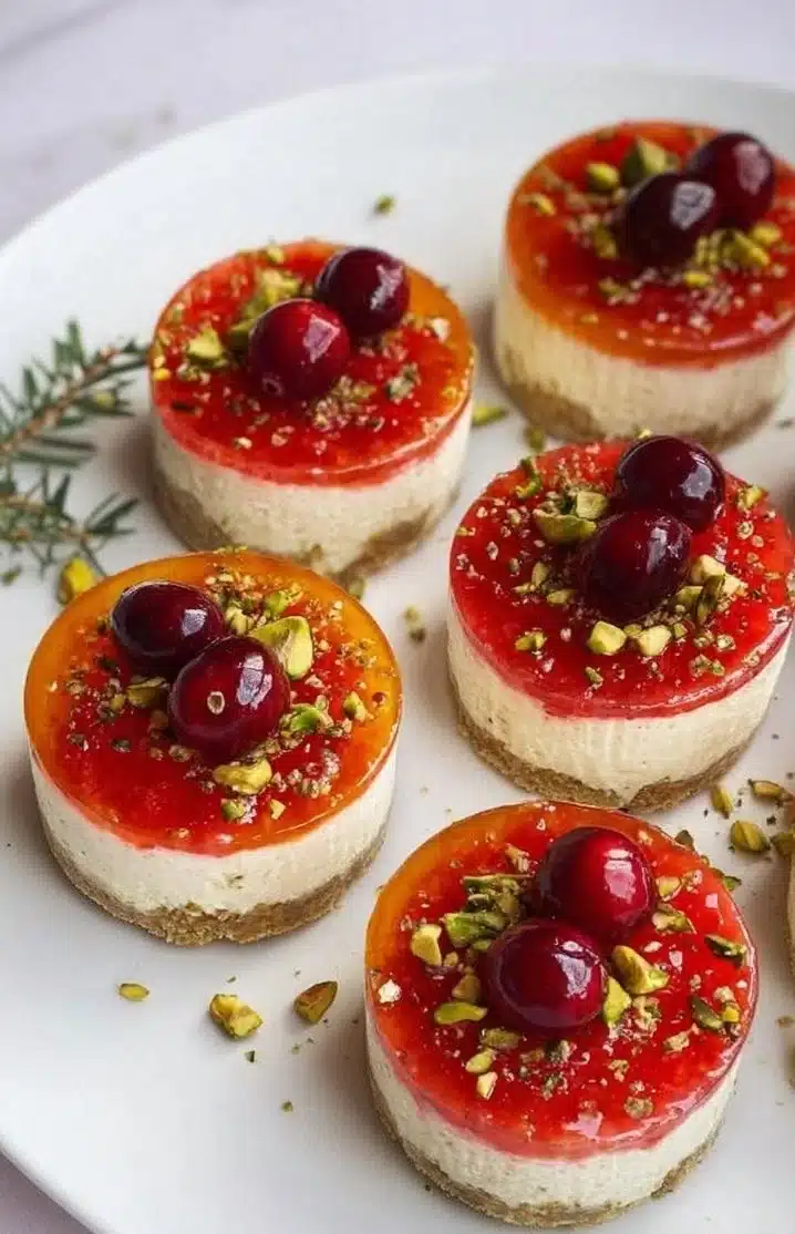 Pistachio Cranberry No-Bake Mini Cheesecakes