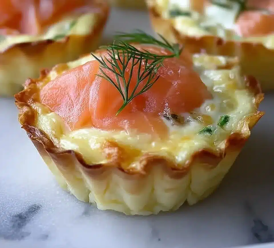 Mini smoked salmon quiches served on a platter for a delicious appetizer.