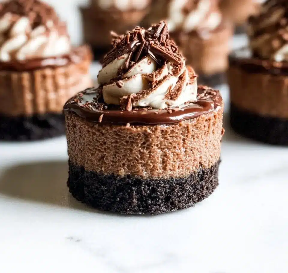 Mini Triple Chocolate Cheesecakes topped with chocolate drizzle and shavings
