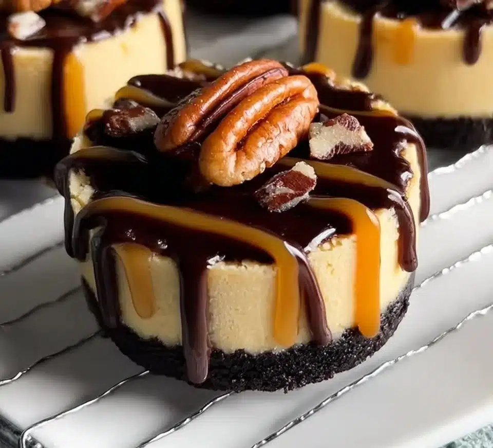Mini turtle cheesecakes topped with chocolate and caramel sauce
