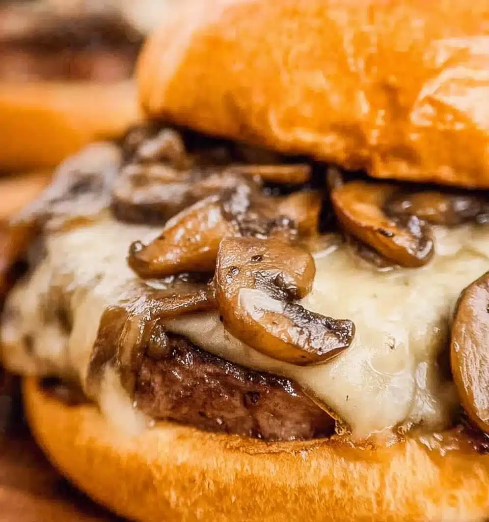 Close-up of a Mushroom Swiss Burger with juicy beef, mushrooms, and Swiss cheese.
