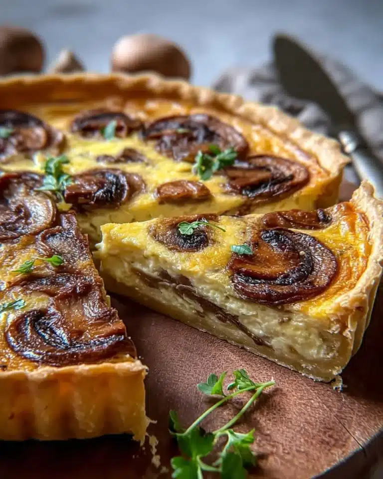 Delicious Mushroom & Swiss Quiche served with fresh herbs