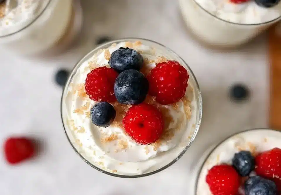No-bake cheesecake cups served in a clear glass with berry toppings