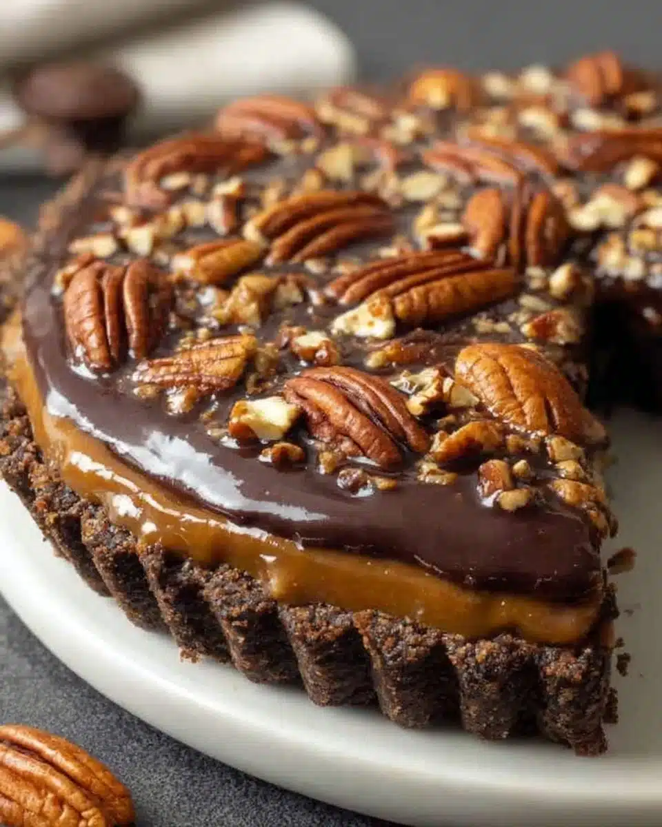 No-Bake Turtle Pie topped with caramel and pecans