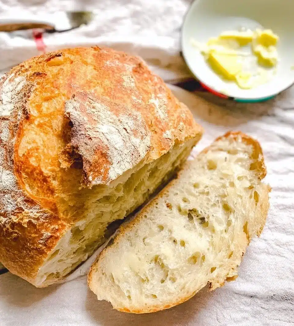 Freshly baked no-knead overnight bread on a wooden cutting board