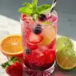 Vibrant non-alcoholic sangria served in a glass with fresh fruit garnishes