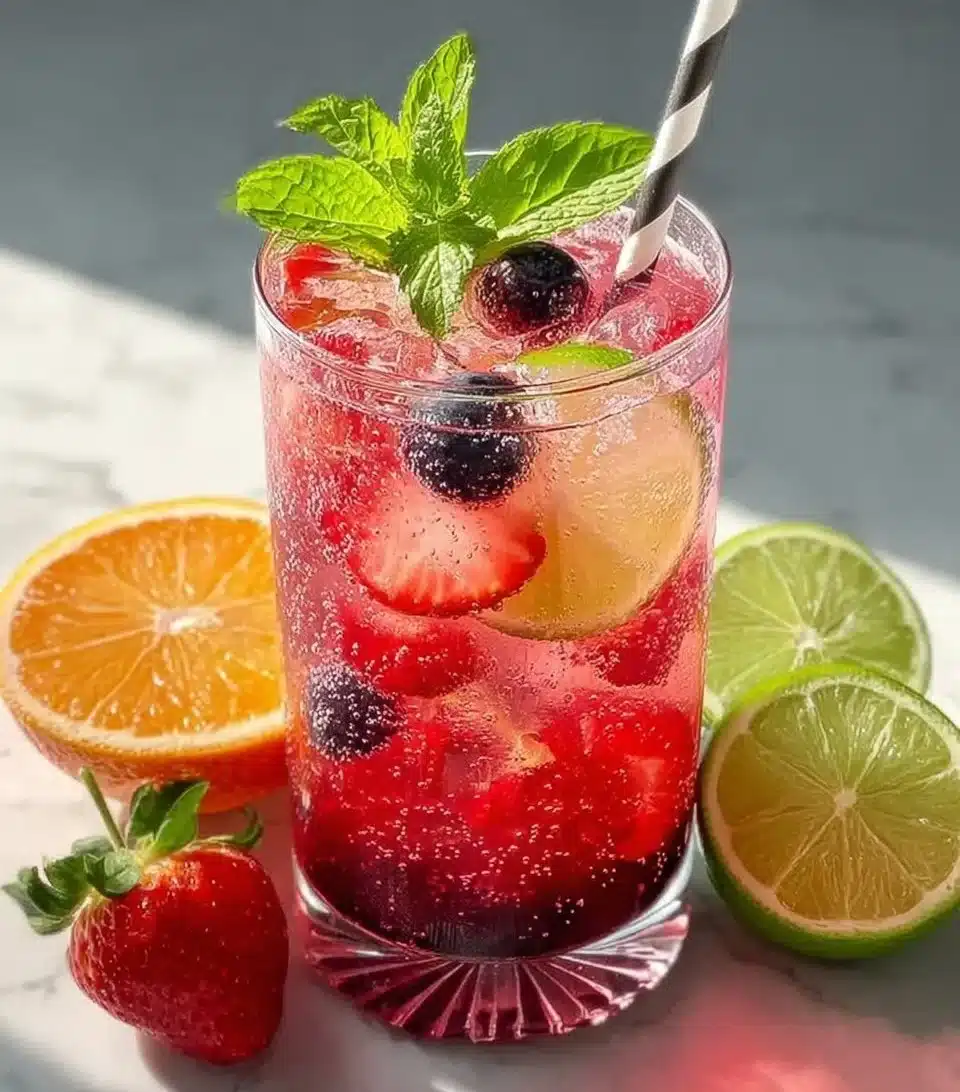 Vibrant non-alcoholic sangria served in a glass with fresh fruit garnishes